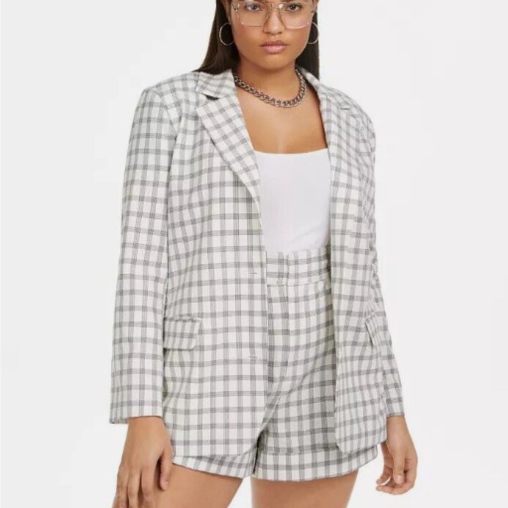 Danielle Bernstein Womens Plus 1X Ivory Plaid Structured Blazer Top Only NWTAV12